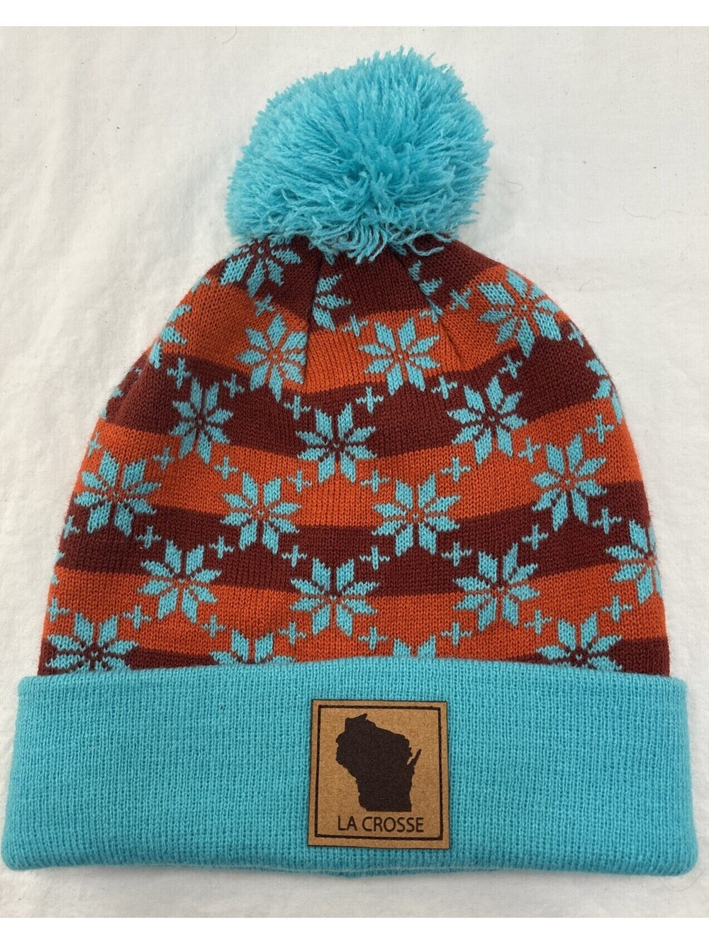 Locale Teal Green La Crosse Wisconsin Beanie Snowflake Pom Pom